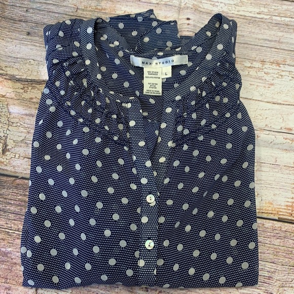 Max Studio Navy/White Polkadot Blouse • Sz L - Picture 11 of 11